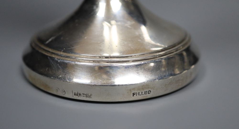 Two pairs of modern silver candlesticks, C. Ltd, Birmingham, 1985 and JM, Birmingham, 1989, 14.5cm, all weighted.